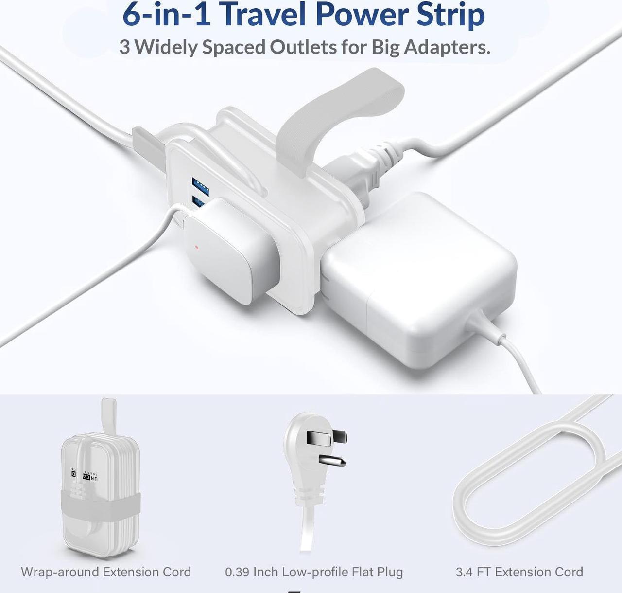 Alt view image 2 of 7 - Portable Travel Power Strip with USB Ports, 3ft Travel Extension Cord with Multiple Outlets, 3 AC Outlets + 2 USB + 1 Fast-Charging USB-C, No Surge Travel Power Strip for Cruise Ship Home Office White