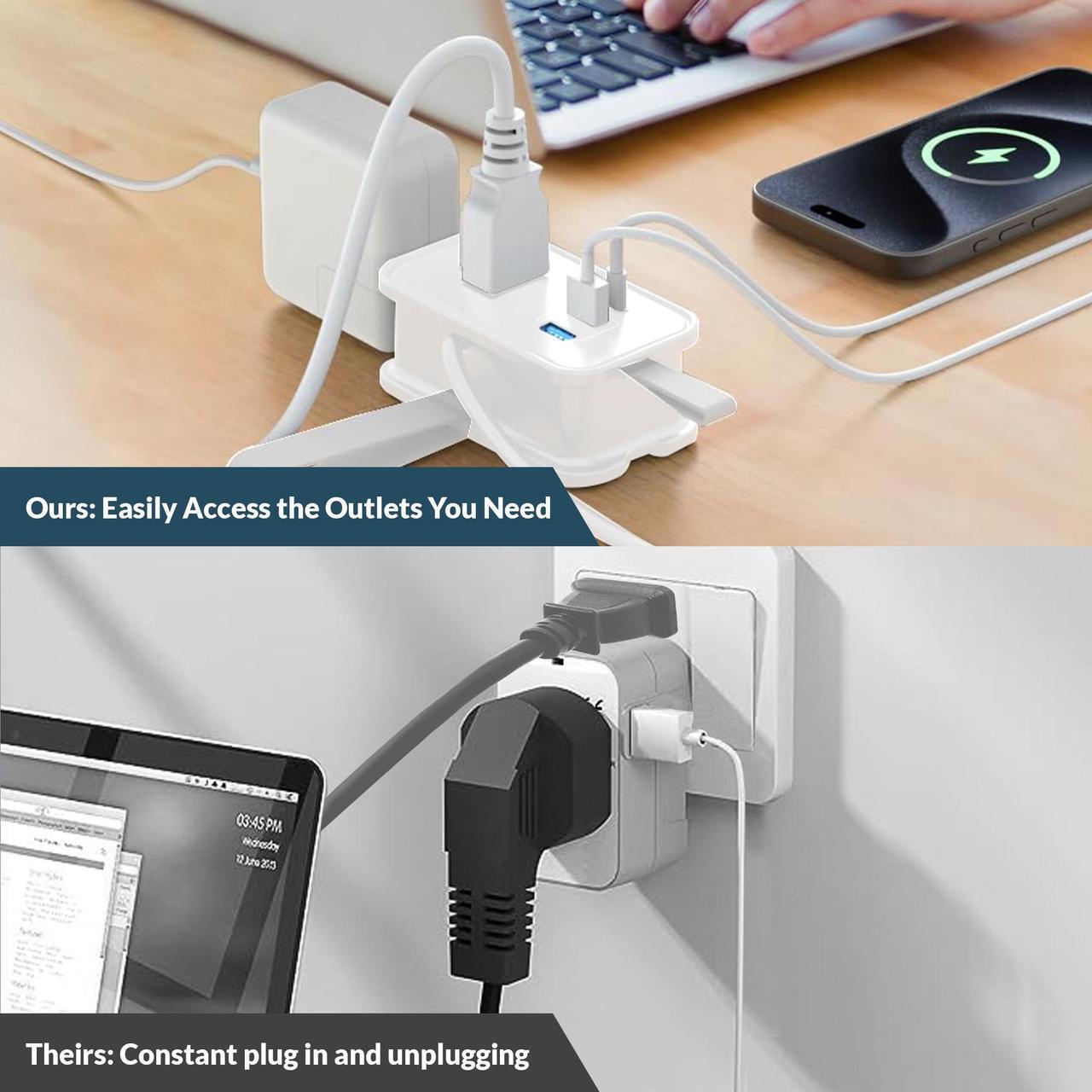 Alt view image 6 of 7 - Portable Travel Power Strip with USB Ports, 3ft Travel Extension Cord with Multiple Outlets, 3 AC Outlets + 2 USB + 1 Fast-Charging USB-C, No Surge Travel Power Strip for Cruise Ship Home Office White