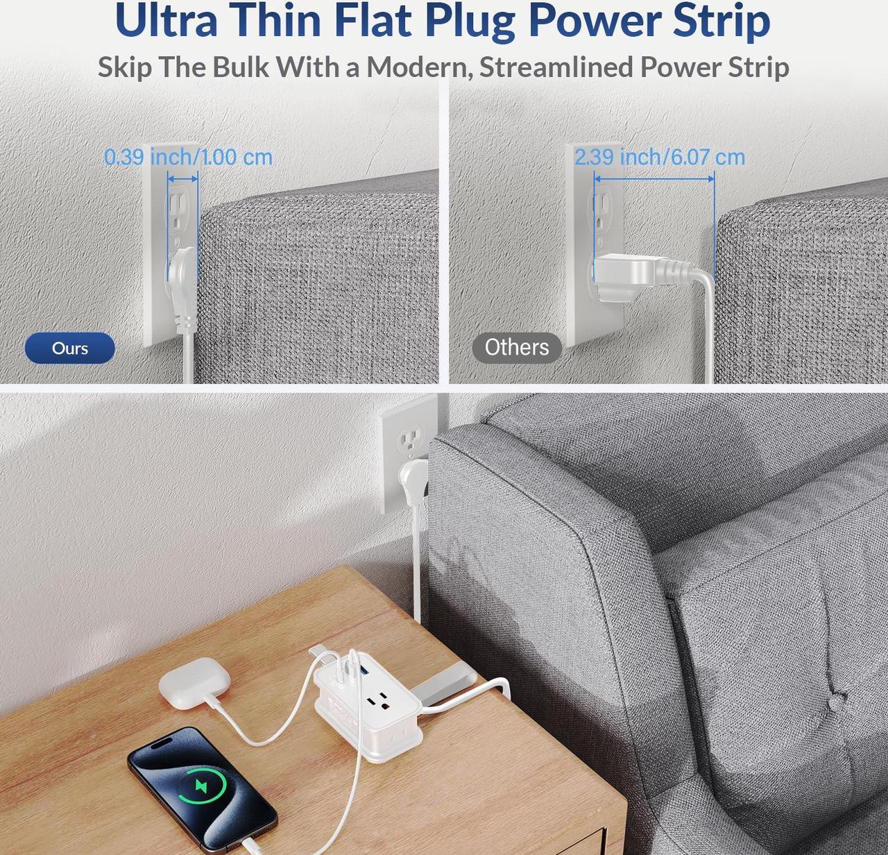 Alt view image 3 of 7 - Portable Travel Power Strip with USB Ports, 3ft Travel Extension Cord with Multiple Outlets, 3 AC Outlets + 2 USB + 1 Fast-Charging USB-C, No Surge Travel Power Strip for Cruise Ship Home Office White