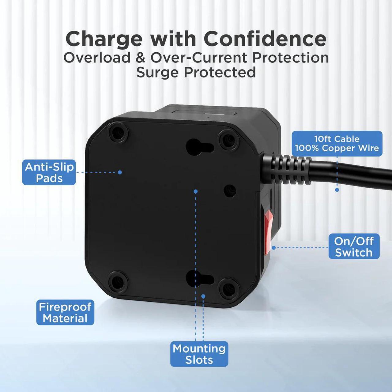 Alt view image 2 of 4 - Wireless Charger Cube Power Strip with USB Ports, Power Strips with Surge Protection, 10ft Extension Cord with Multiple Outlets, 4 AC Plugs + 3 USB + 1  USB-C Fast Charging, Mountable On/Off Switch