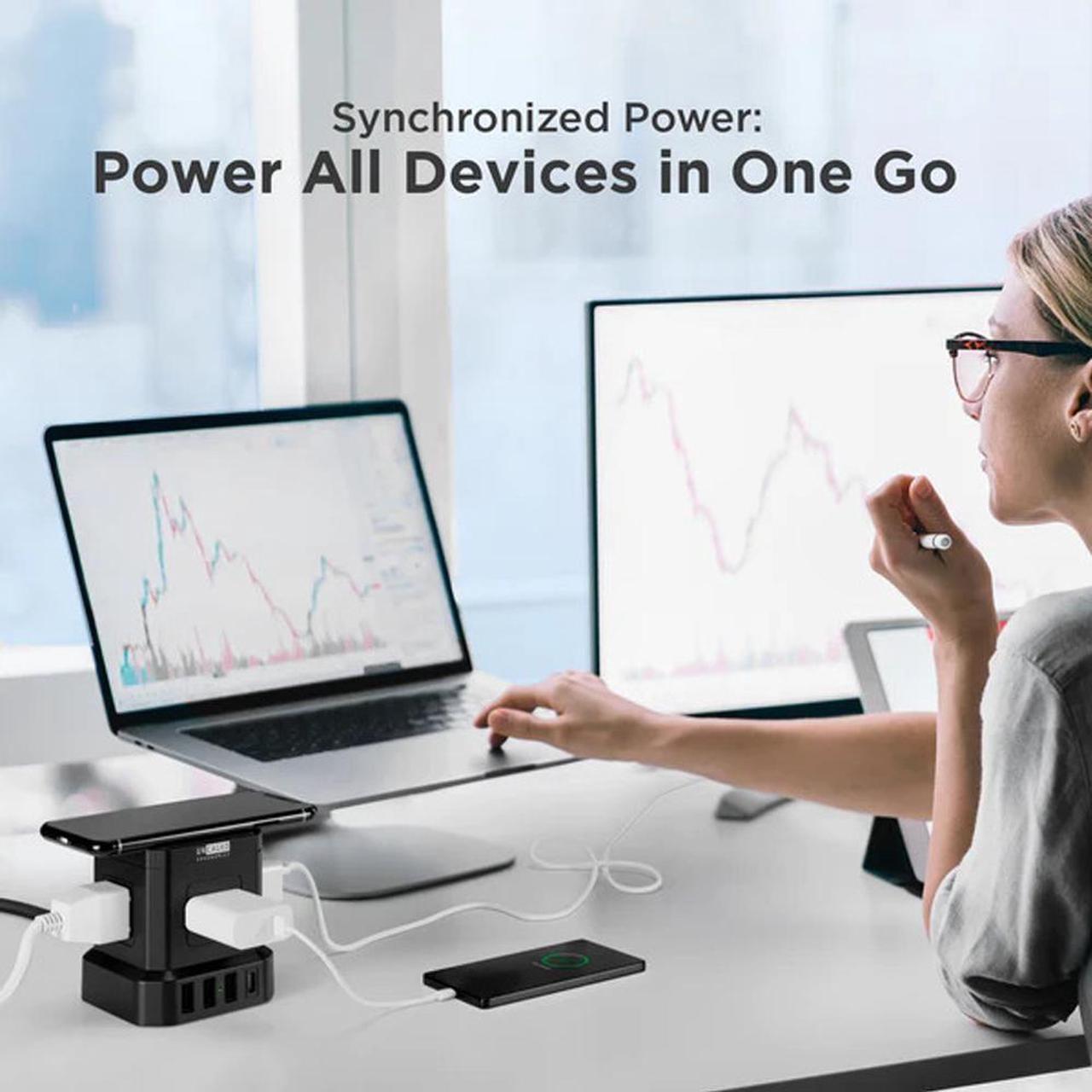 Alt view image 3 of 4 - Wireless Charger Cube Power Strip with USB Ports, Power Strips with Surge Protection, 10ft Extension Cord with Multiple Outlets, 4 AC Plugs + 3 USB + 1  USB-C Fast Charging, Mountable On/Off Switch