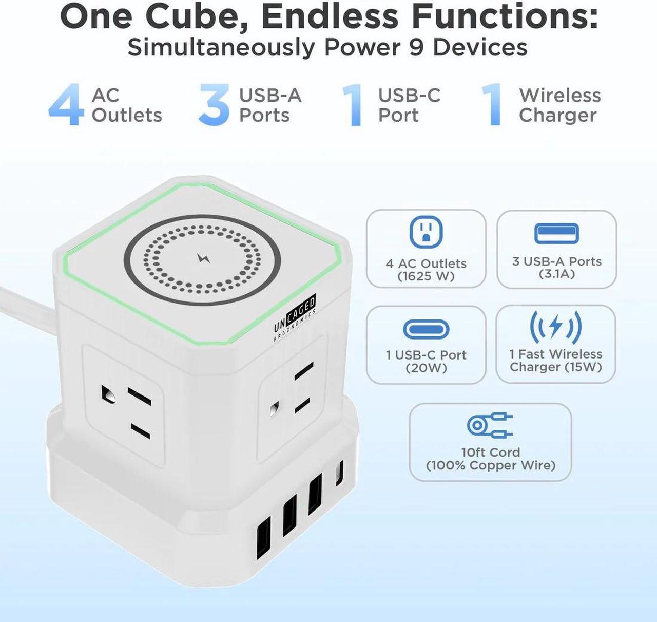 Alt view image 2 of 5 - Wireless Charger Cube Power Strip with USB Ports, Power Strips with Surge Protection, 10ft Extension Cord with Multiple Outlets, 4 AC Plugs + 3 USB + 1  USB-C Fast Charging, Mountable On/Off Switch