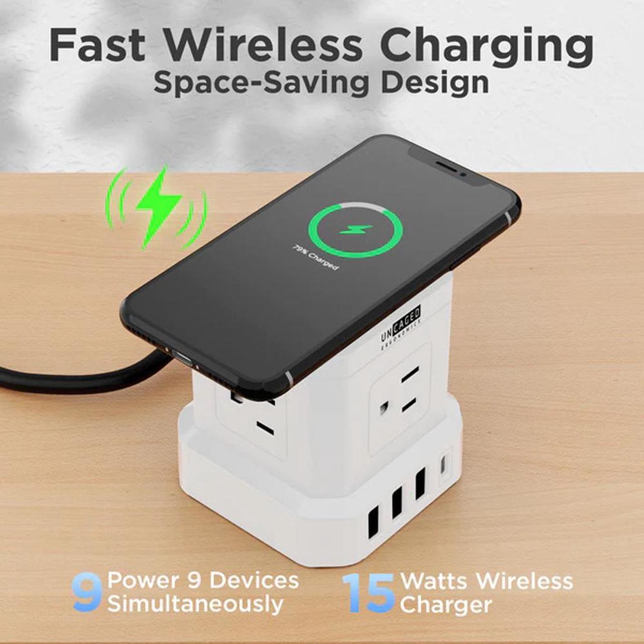 Alt view image 3 of 5 - Wireless Charger Cube Power Strip with USB Ports, Power Strips with Surge Protection, 10ft Extension Cord with Multiple Outlets, 4 AC Plugs + 3 USB + 1  USB-C Fast Charging, Mountable On/Off Switch
