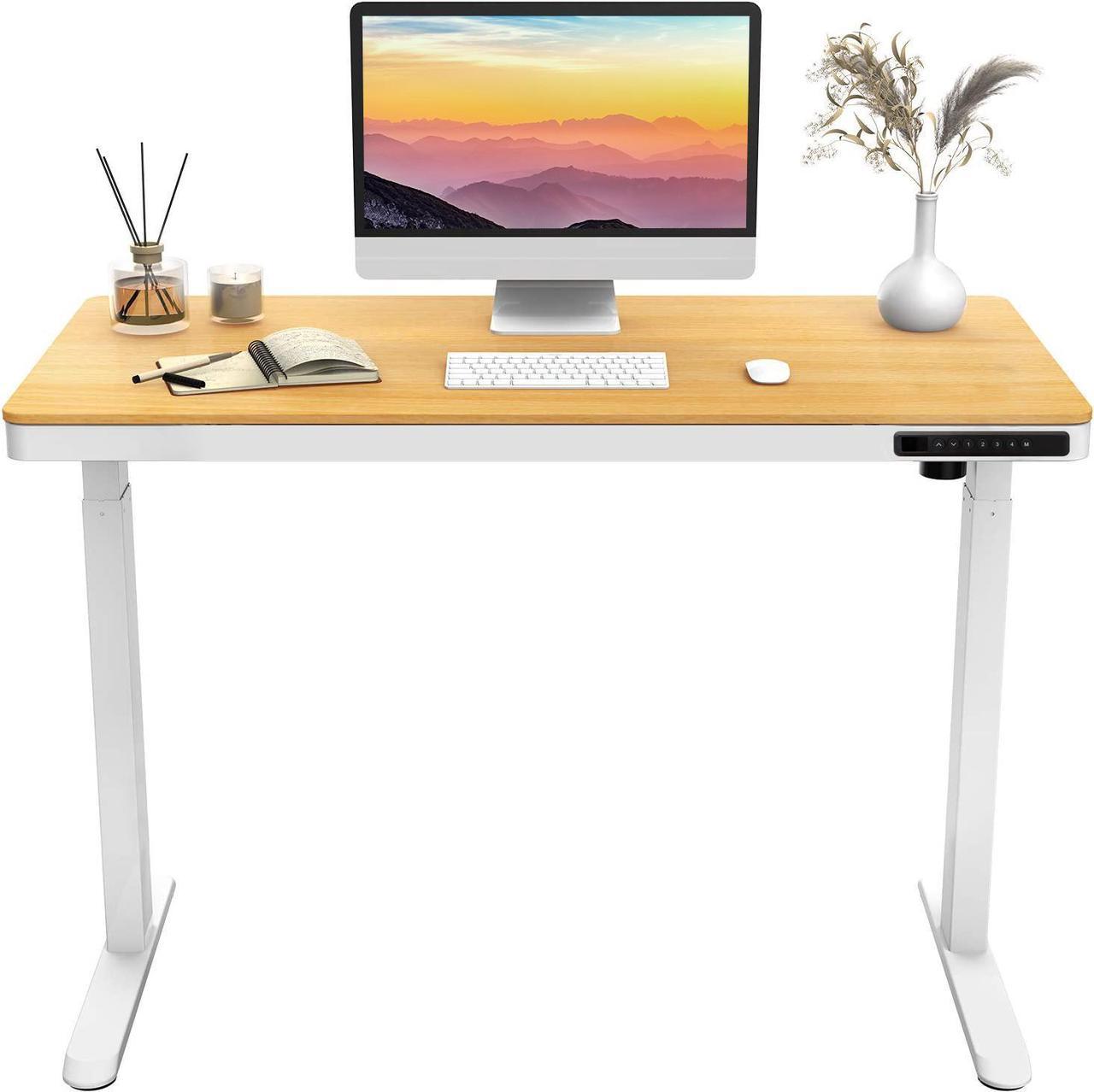 RISE UP ESSENTIAL affordable electric standing desk adjustable height sit-stand-up ergonomic office computer table workstation memory 23.6x47.2 maple desktop 27-46 height range white frame