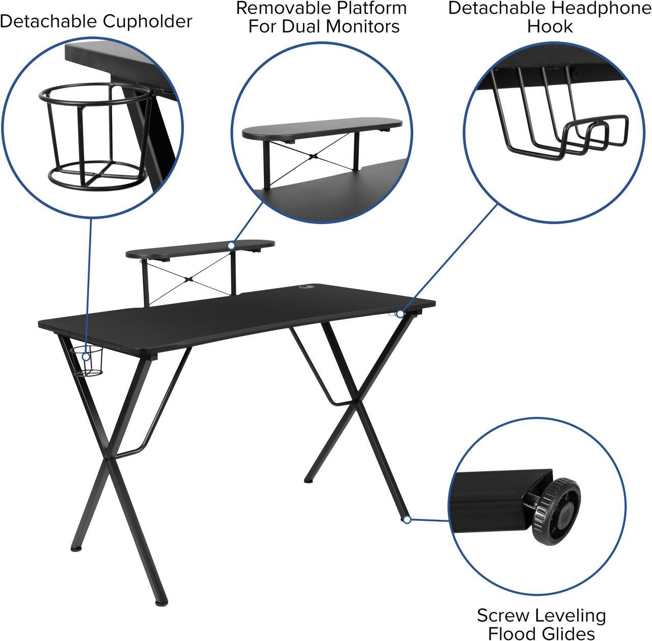 Alt view image 5 of 20 - Black Gaming Desk and Gray/Black Racing Chair Set with Cup Holder, Headphone Hook, and Monitor/Smartphone Stand