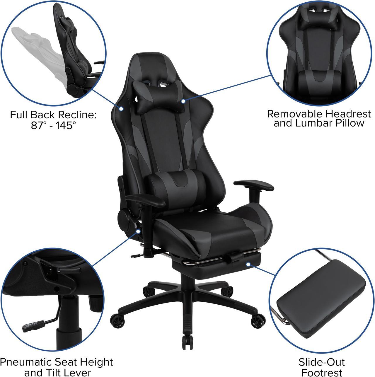 Alt view image 4 of 20 - Black Gaming Desk with Cup Holder/Headphone Hook and Monitor/Smartphone Stand & Gray Reclining Gaming Chair with Footrest
