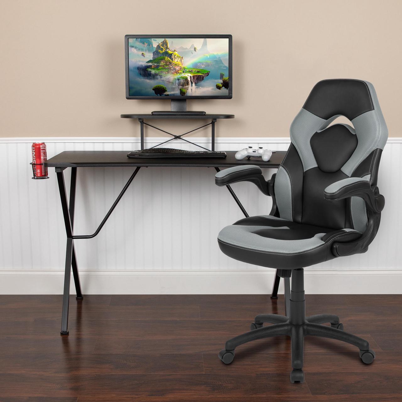 Main image of Black Gaming Desk and Gray/Black Racing Chair Set with Cup Holder, Headphone Hook, and Monitor/Smartphone Stand