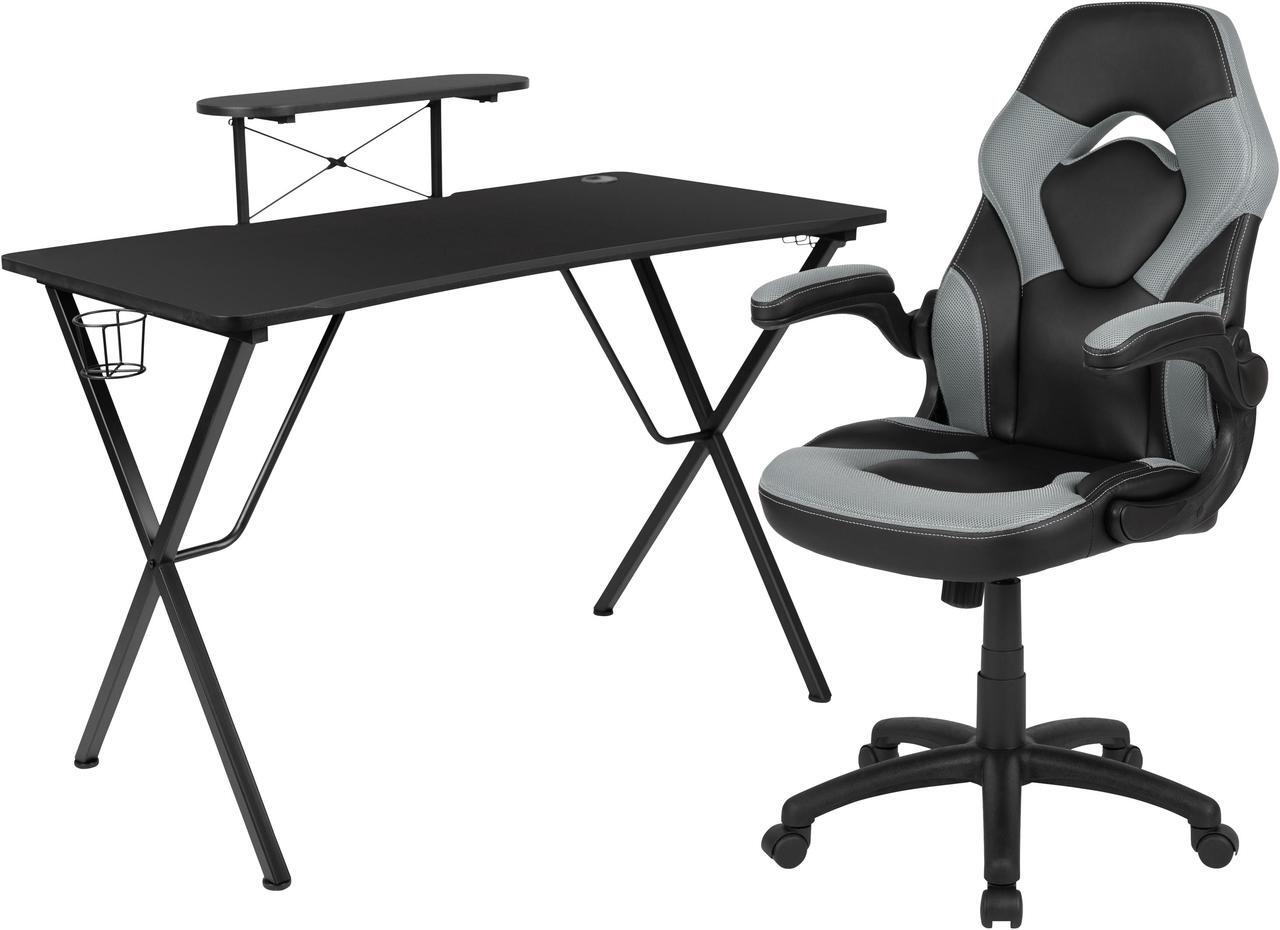 Alt view image 2 of 20 - Black Gaming Desk and Gray/Black Racing Chair Set with Cup Holder, Headphone Hook, and Monitor/Smartphone Stand