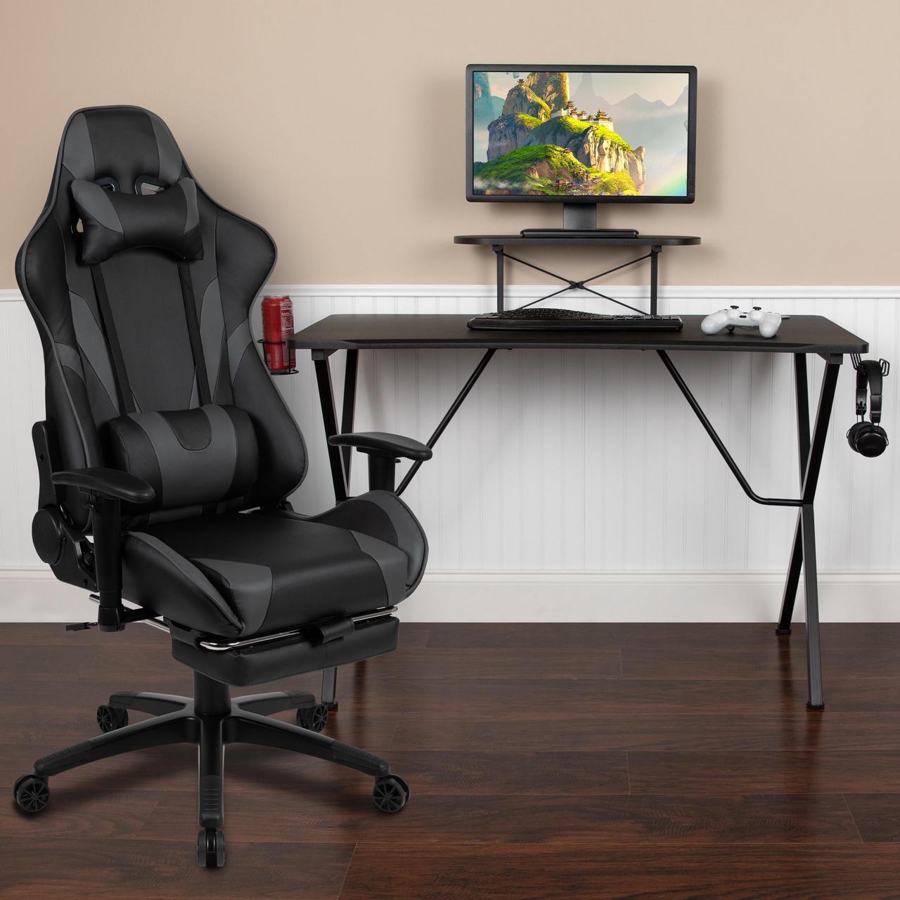 Main image of Black Gaming Desk with Cup Holder/Headphone Hook and Monitor/Smartphone Stand & Gray Reclining Gaming Chair with Footrest