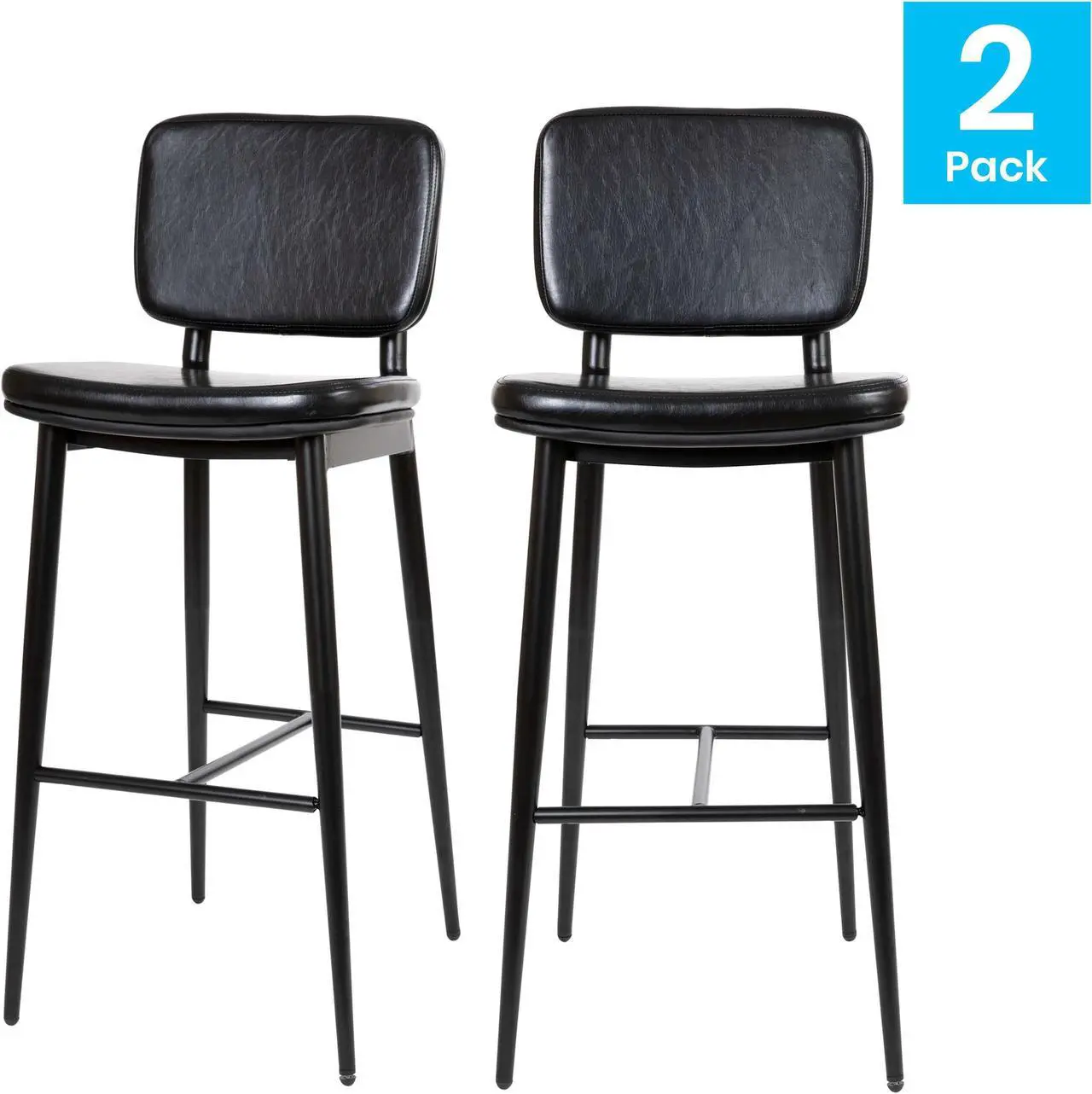 Alt view image 2 of 20 - Kenzie Commercial Grade Mid-Back Barstools - Black LeatherSoft Upholstery - Black Iron Frame with Integrated Footrest - Set of 2