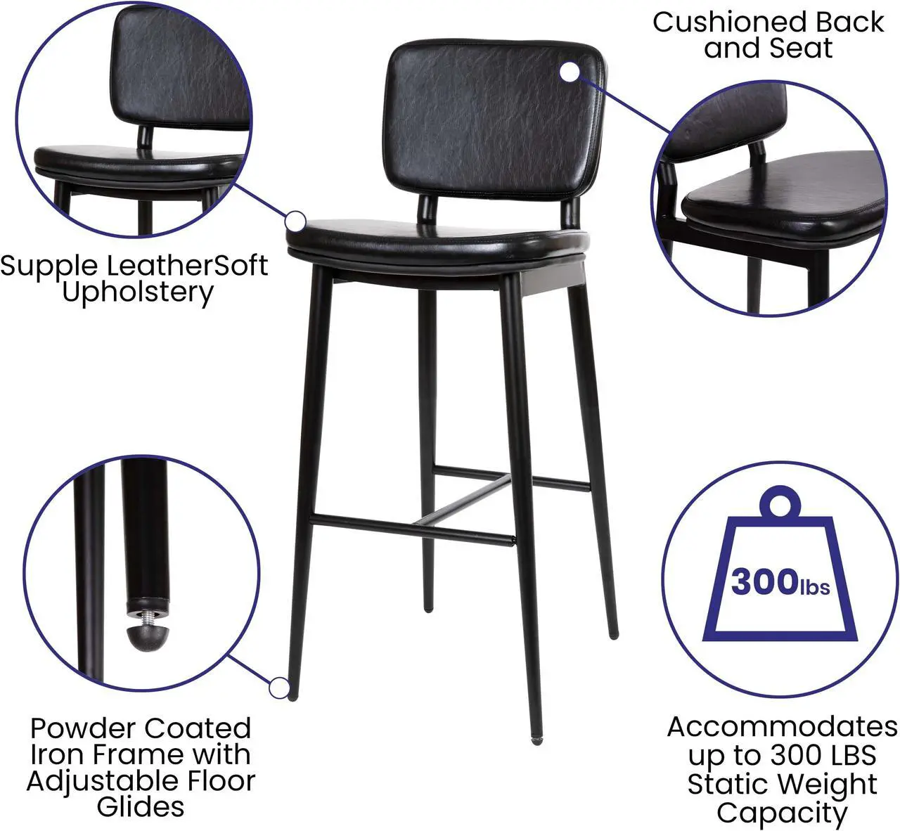 Alt view image 5 of 20 - Kenzie Commercial Grade Mid-Back Barstools - Black LeatherSoft Upholstery - Black Iron Frame with Integrated Footrest - Set of 2