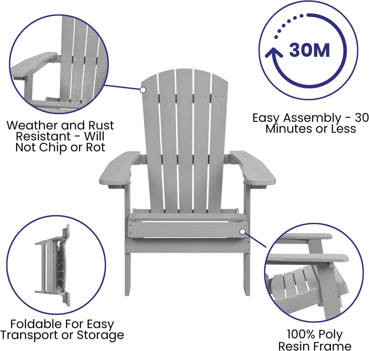 Alt view image 6 of 20 - Charlestown All-Weather Poly Resin Indoor/Outdoor Folding Adirondack Chair in Gray