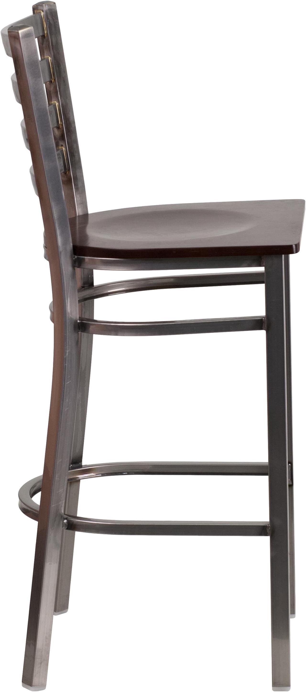 Alt view image 2 of 20 - HERCULES Series Clear Coated Ladder Back Metal Restaurant Barstool - Walnut Wood Seat