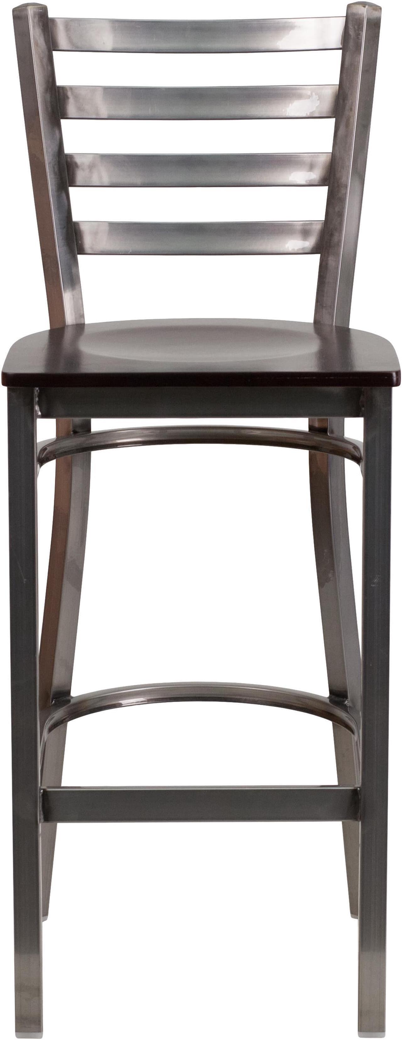 Alt view image 4 of 20 - HERCULES Series Clear Coated Ladder Back Metal Restaurant Barstool - Walnut Wood Seat