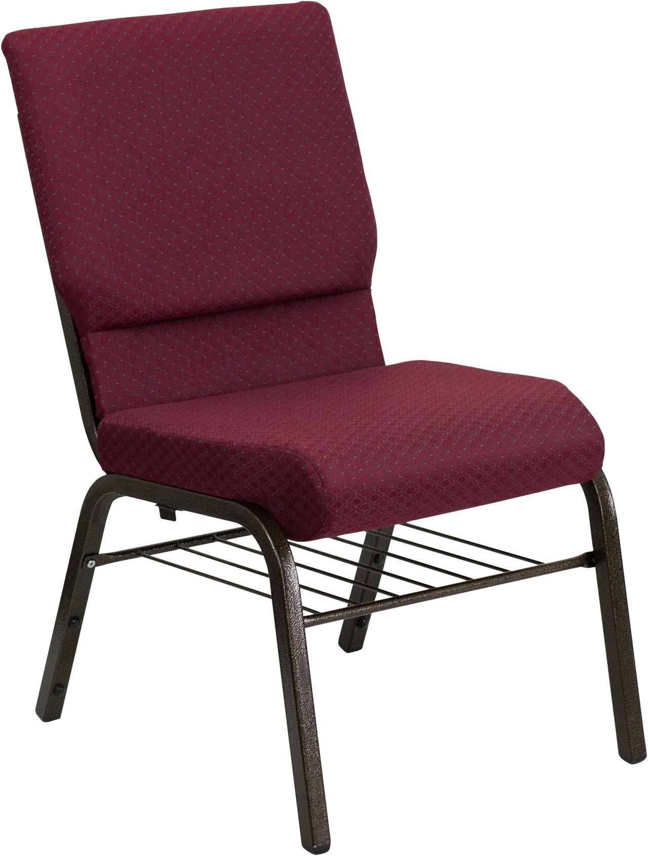 Main image of HERCULES Series 18.5''W Church Chair in Burgundy Patterned Fabric with Book Rack - Gold Vein Frame