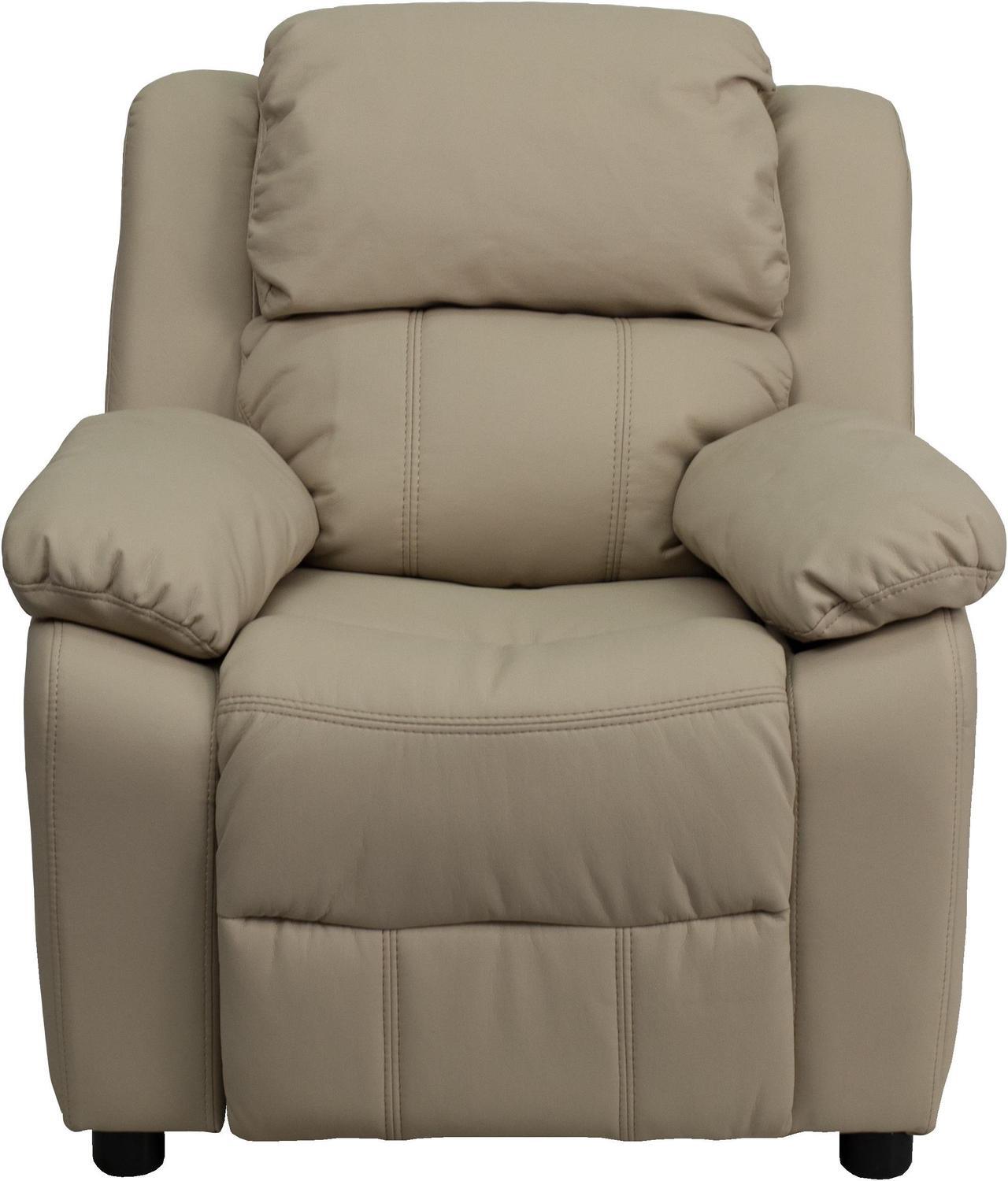Alt view image 4 of 20 - Deluxe Padded Contemporary Beige Vinyl Kids Recliner with Storage Arms