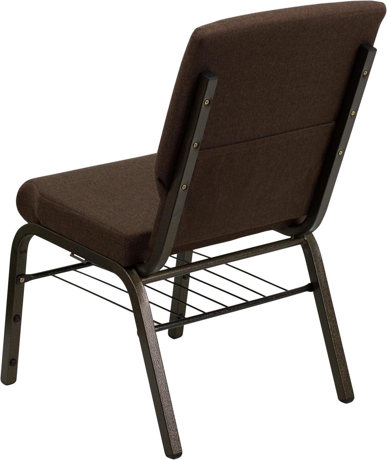 Alt view image 3 of 20 - HERCULES Series 18.5''W Church Chair in Brown Fabric with Book Rack - Gold Vein Frame