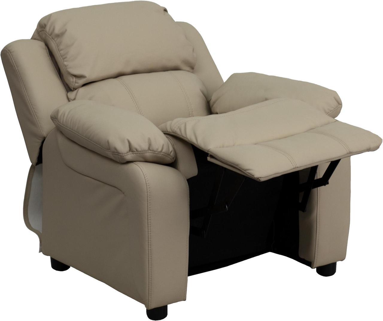 Alt view image 5 of 20 - Deluxe Padded Contemporary Beige Vinyl Kids Recliner with Storage Arms