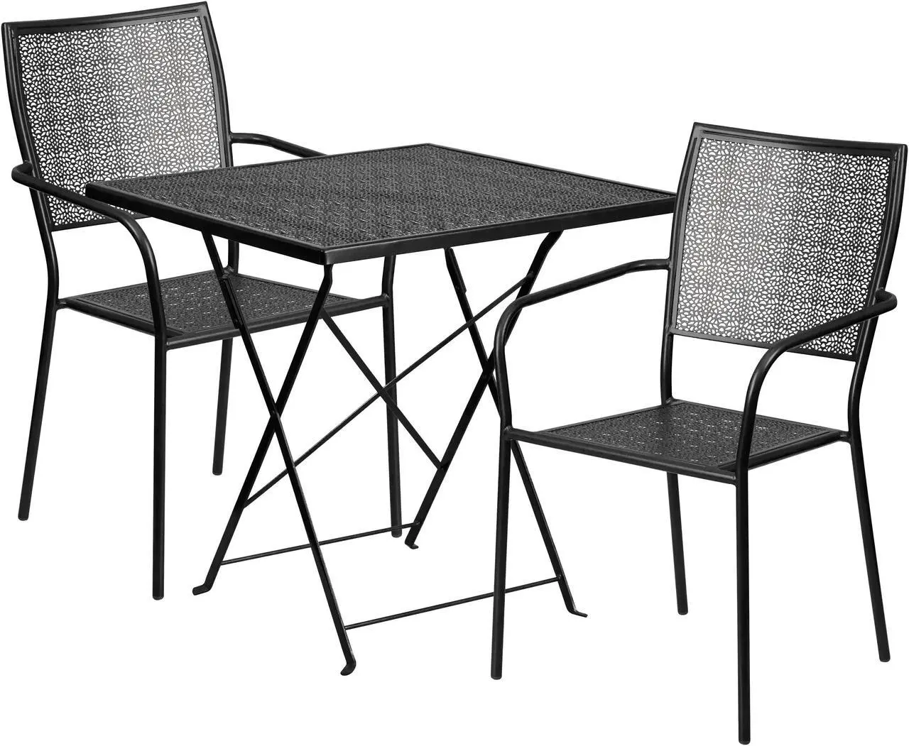 Main image of 28'' Square Black Indoor-Outdoor Steel Folding Patio Table Set with 2 Square Back Chairs