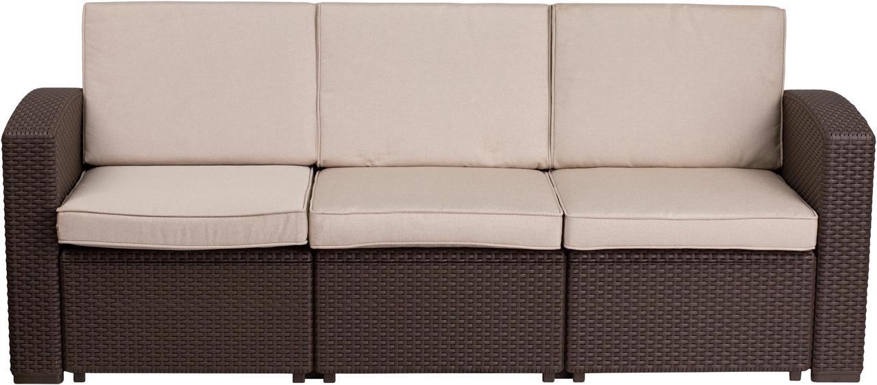 Alt view image 4 of 20 - Chocolate Brown Faux Rattan Sofa with All-Weather Beige Cushions