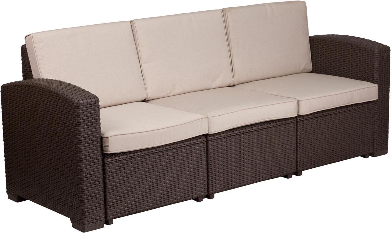 Alt view image 2 of 20 - Chocolate Brown Faux Rattan Sofa with All-Weather Beige Cushions
