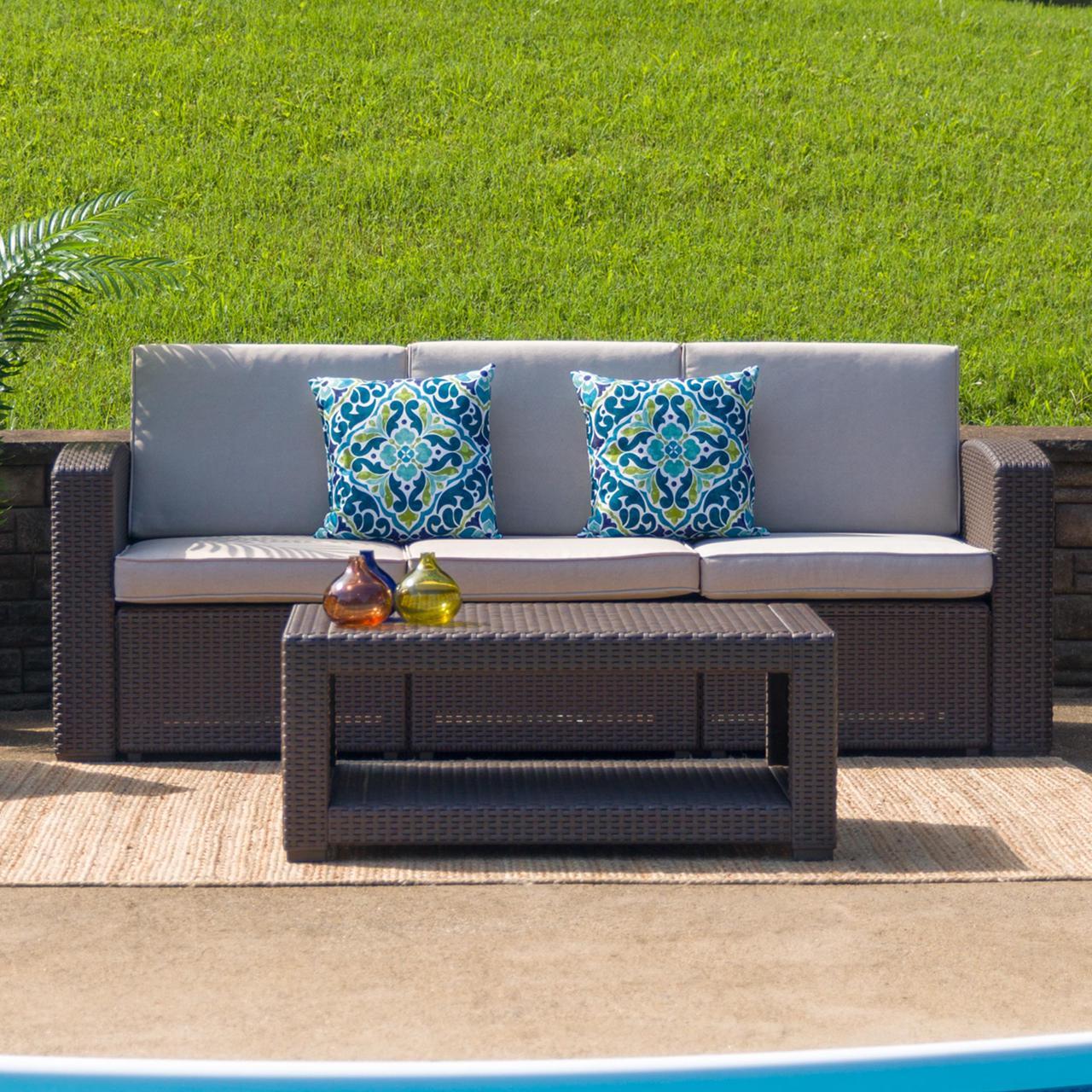 Main image of Chocolate Brown Faux Rattan Sofa with All-Weather Beige Cushions