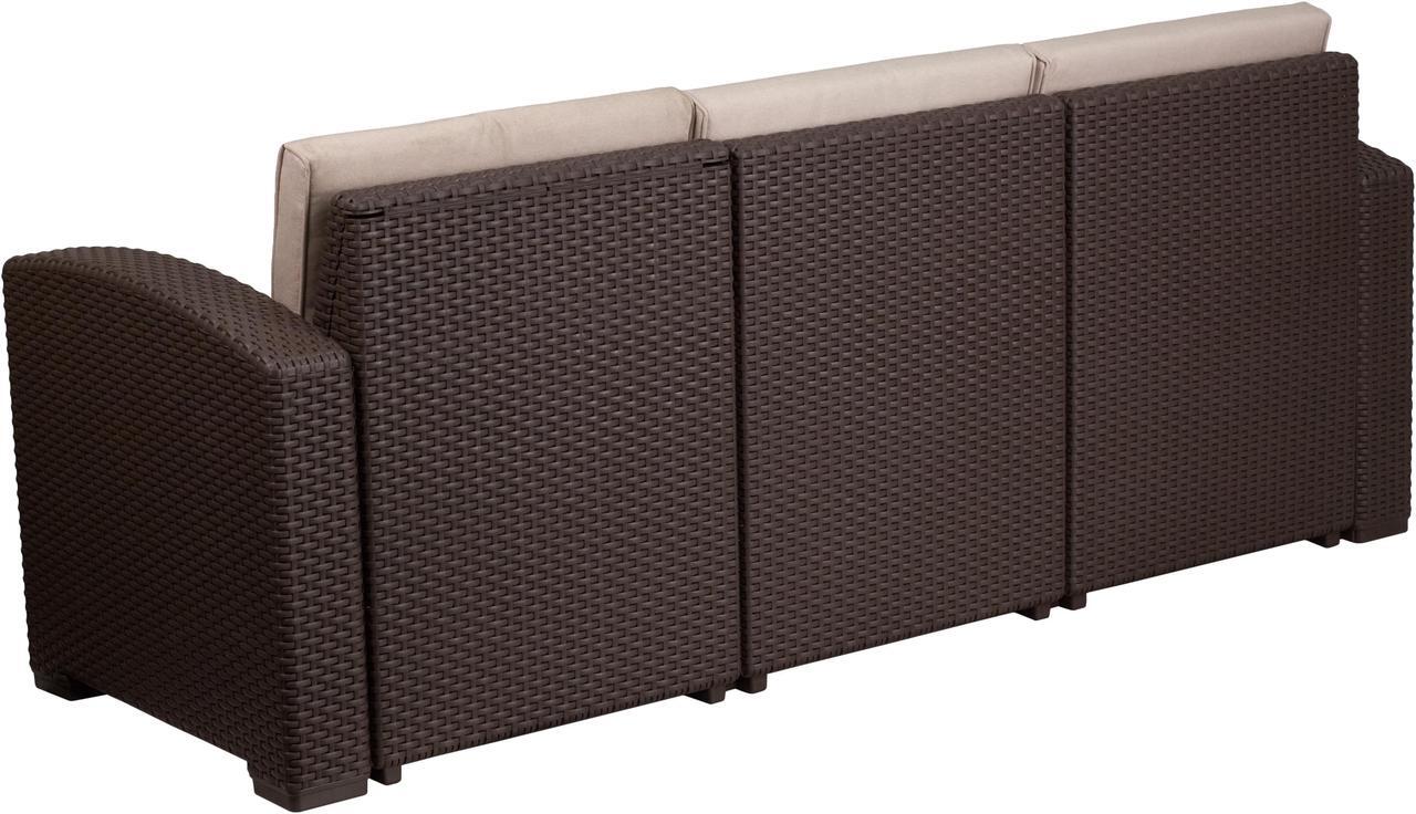 Alt view image 3 of 20 - Chocolate Brown Faux Rattan Sofa with All-Weather Beige Cushions