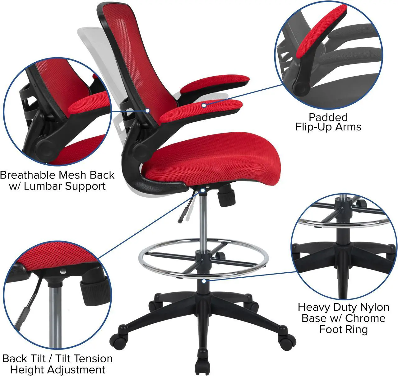 Alt view image 3 of 20 - Mid-Back Red Mesh Ergonomic Drafting Chair with Adjustable Foot Ring and Flip-Up Arms