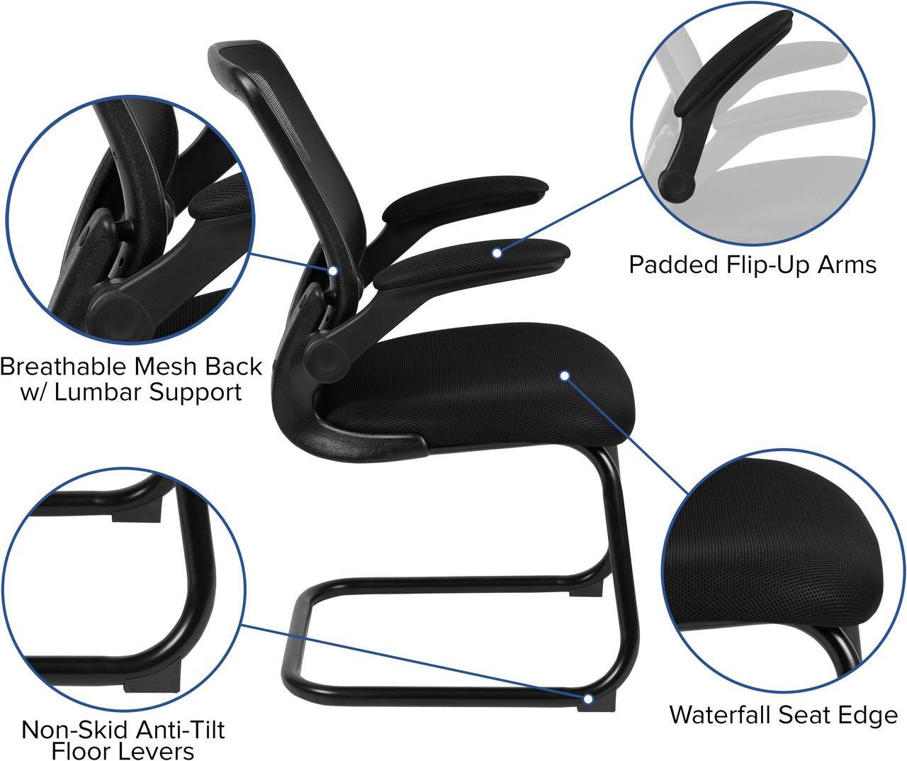 Alt view image 3 of 20 - Black Mesh Sled Base Side Reception Chair with Flip-Up Arms