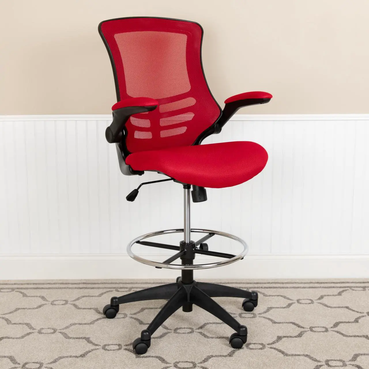 Main image of Mid-Back Red Mesh Ergonomic Drafting Chair with Adjustable Foot Ring and Flip-Up Arms