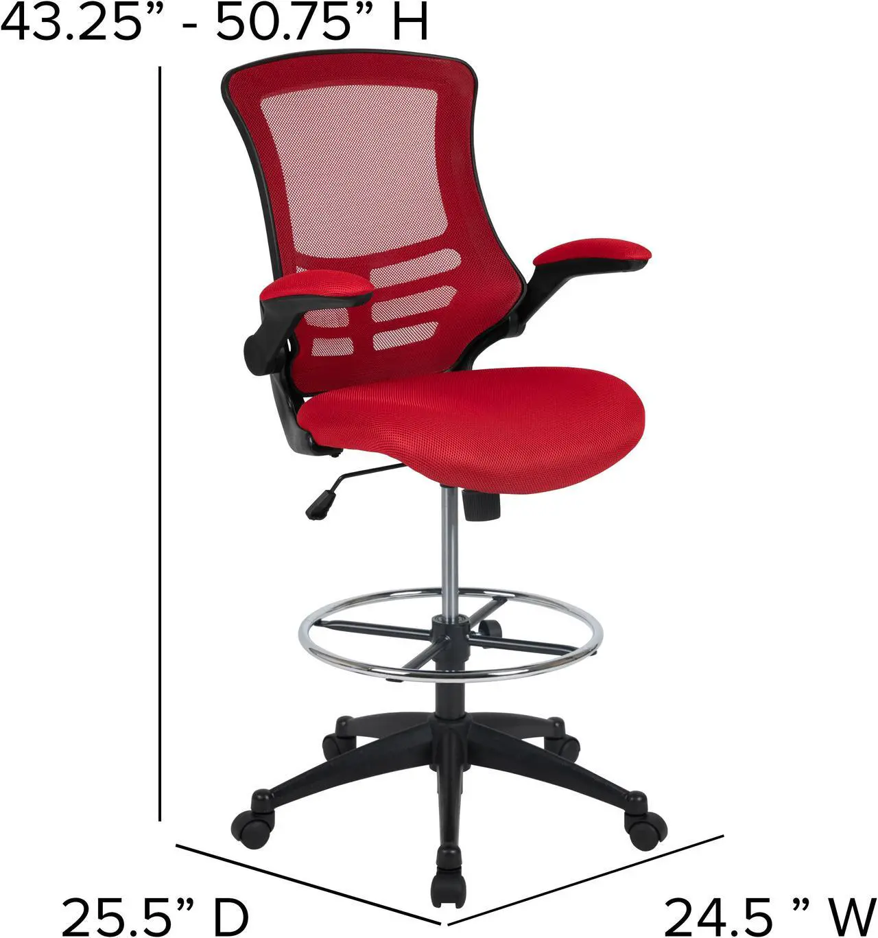 Alt view image 4 of 20 - Mid-Back Red Mesh Ergonomic Drafting Chair with Adjustable Foot Ring and Flip-Up Arms