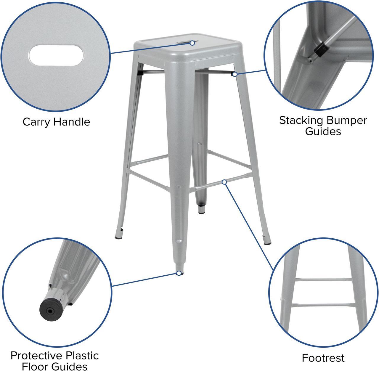 Alt view image 4 of 20 - 30" High Metal Indoor Bar Stool in Silver - Stackable Set of 4