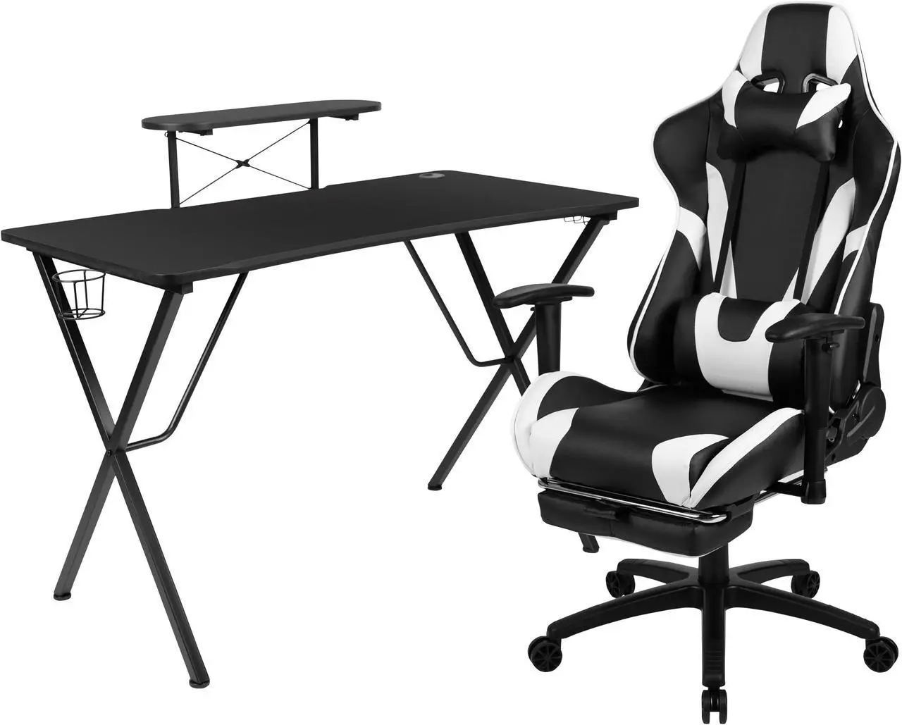 Alt view image 2 of 20 - Black Gaming Desk and Black Footrest Reclining Gaming Chair Set with Cup Holder, Headphone Hook, and Monitor/Smartphone Stand