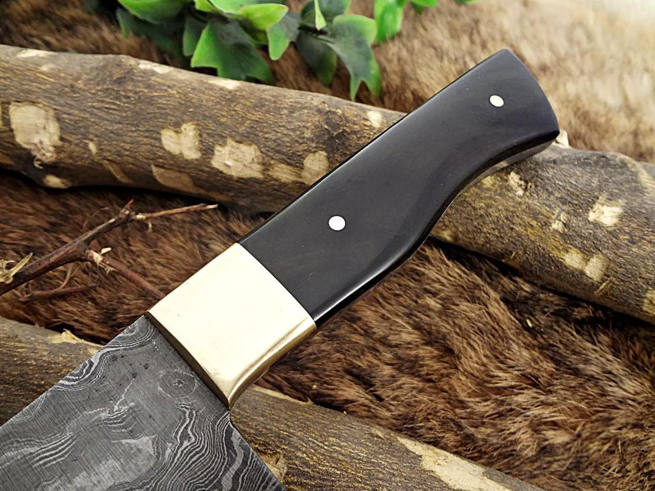 Alt view image 4 of 6 - Damascus Steel Kitchen Knife 10 Inches Long Twist Pattern Hand Forged Damascus Steel Blade, Bull Horn and Brass Bolster Scale