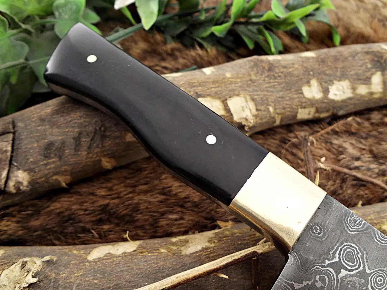 Alt view image 6 of 6 - Damascus Steel Kitchen Knife 10 Inches Long Twist Pattern Hand Forged Damascus Steel Blade, Bull Horn and Brass Bolster Scale