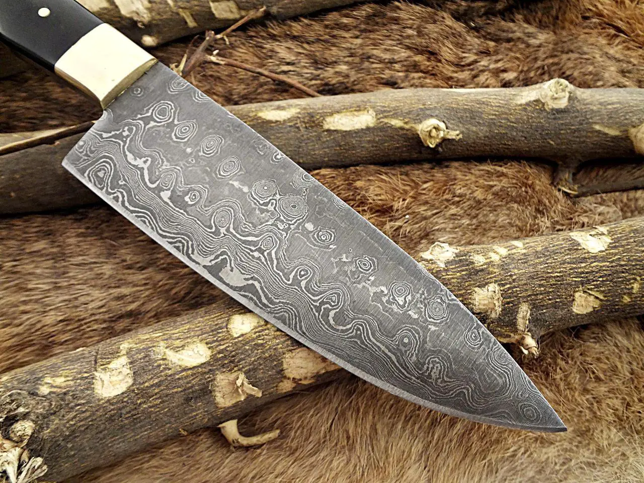 Alt view image 5 of 6 - Damascus Steel Kitchen Knife 10 Inches Long Twist Pattern Hand Forged Damascus Steel Blade, Bull Horn and Brass Bolster Scale