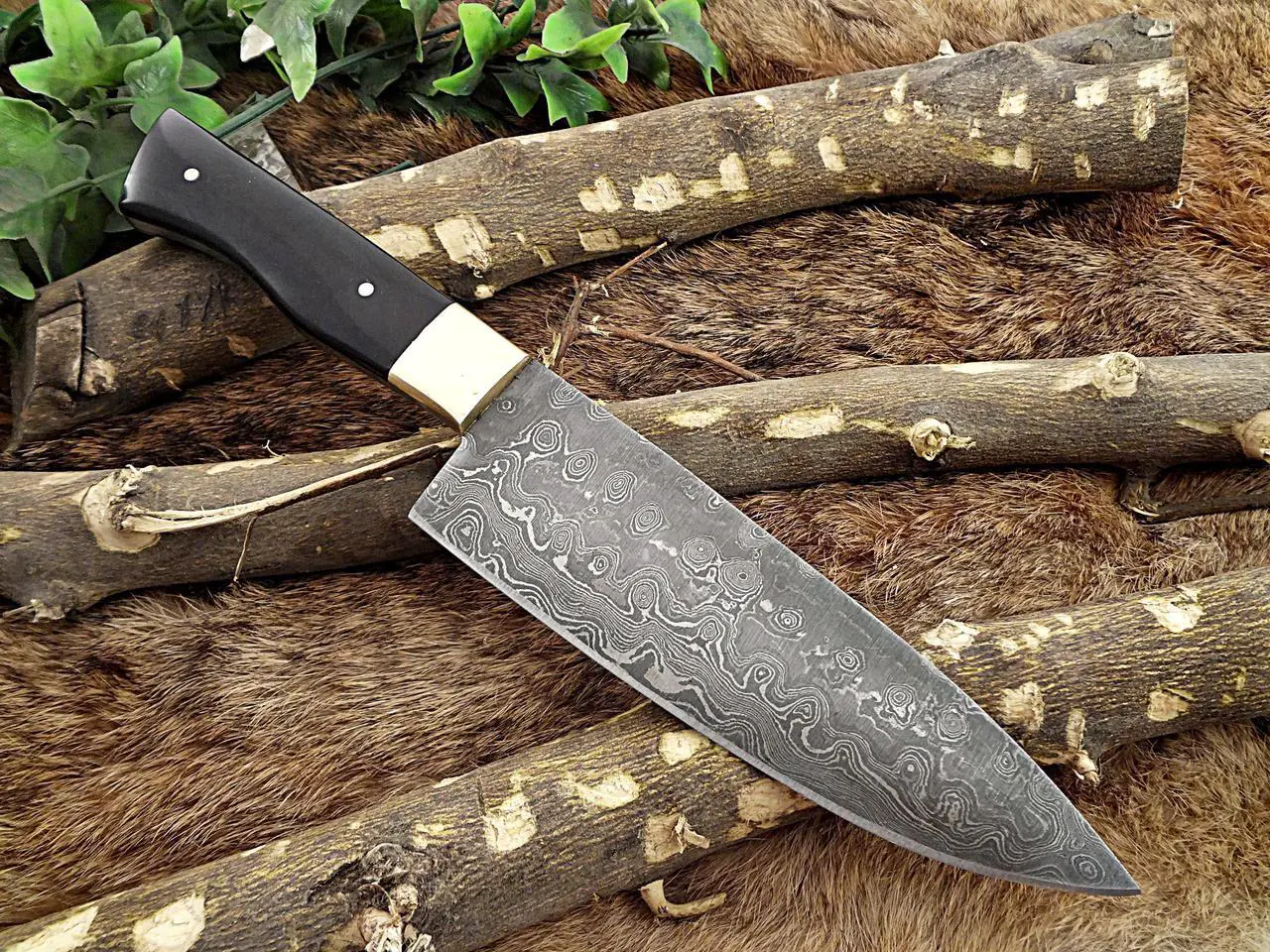 Main image of Damascus Steel Kitchen Knife 10 Inches Long Twist Pattern Hand Forged Damascus Steel Blade, Bull Horn and Brass Bolster Scale