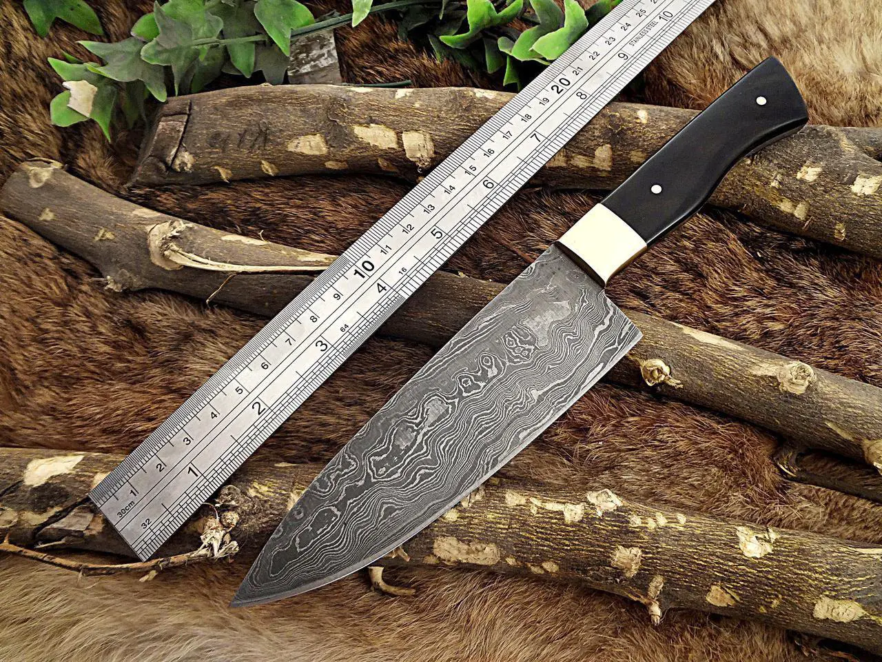 Alt view image 2 of 6 - Damascus Steel Kitchen Knife 10 Inches Long Twist Pattern Hand Forged Damascus Steel Blade, Bull Horn and Brass Bolster Scale