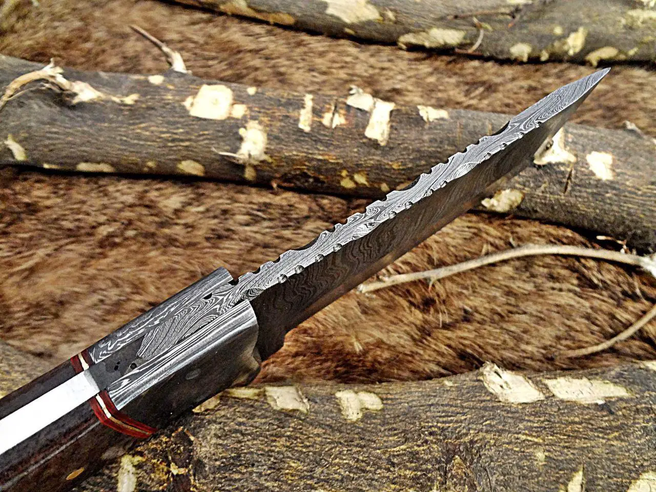 Alt view image 3 of 7 - 8" Long hand forged Damascus steel full tang Tanto blade custom made hunting Knife, Grey bone with Damascus Bolster, Cow leather sheath