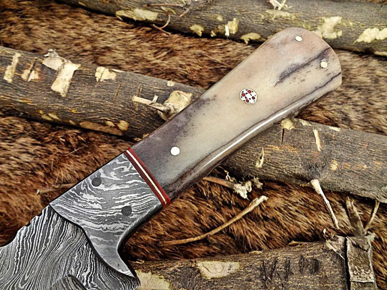 Alt view image 6 of 7 - 8" Long hand forged Damascus steel full tang Tanto blade custom made hunting Knife, Grey bone with Damascus Bolster, Cow leather sheath