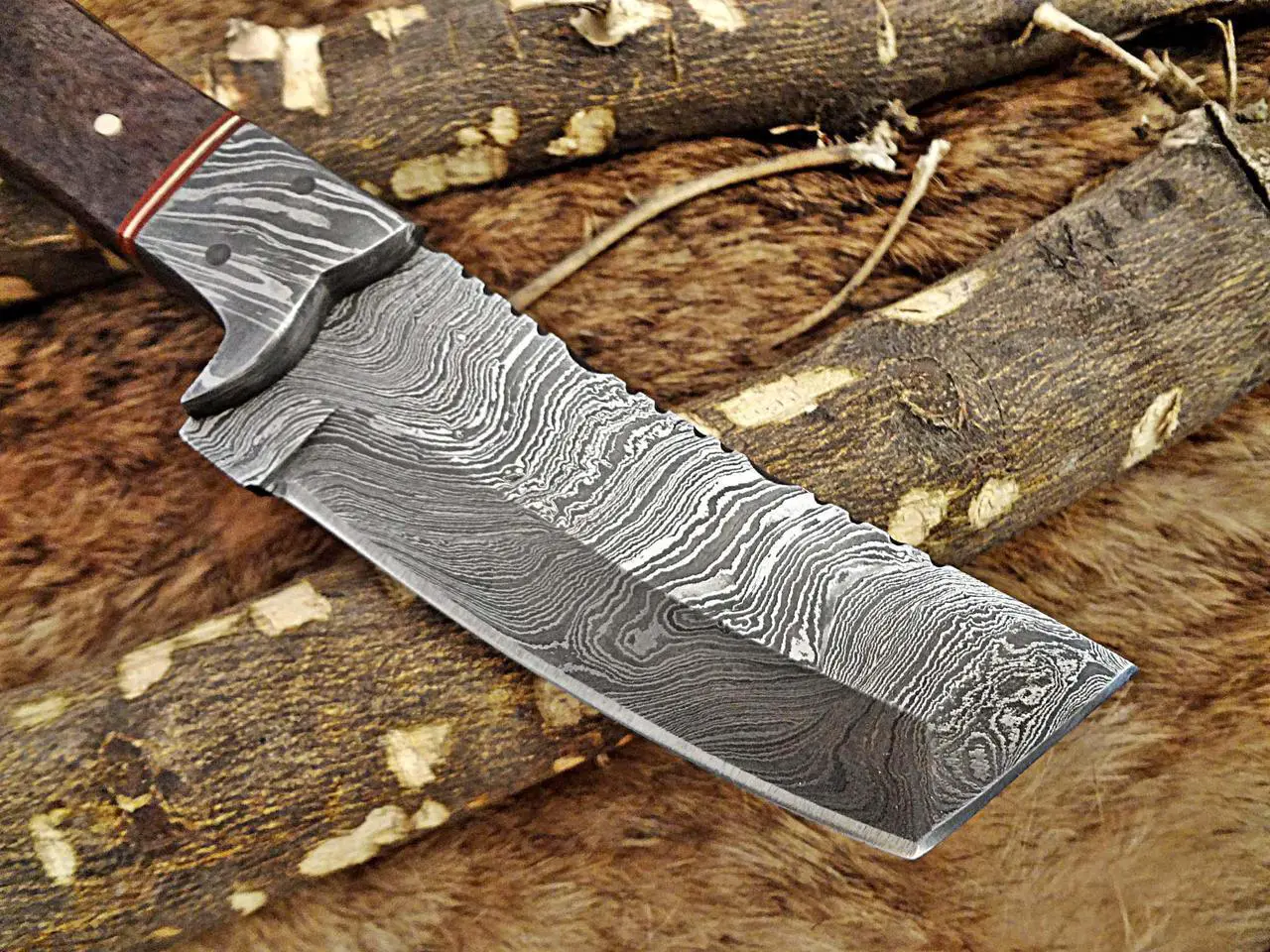 Alt view image 5 of 7 - 8" Long hand forged Damascus steel full tang Tanto blade custom made hunting Knife, Grey bone with Damascus Bolster, Cow leather sheath