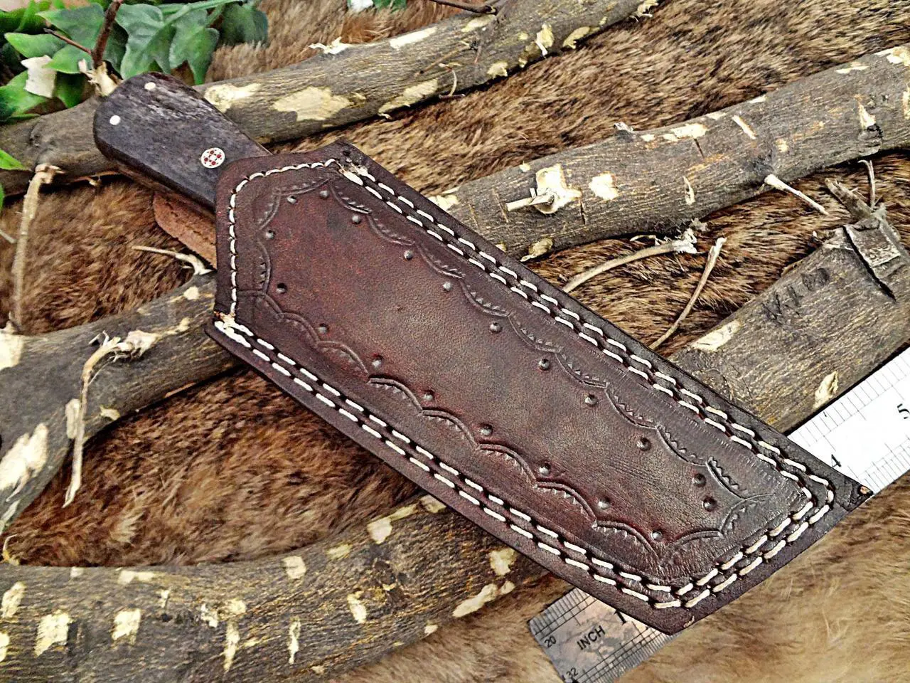 Alt view image 7 of 7 - 8" Long hand forged Damascus steel full tang Tanto blade custom made hunting Knife, Grey bone with Damascus Bolster, Cow leather sheath