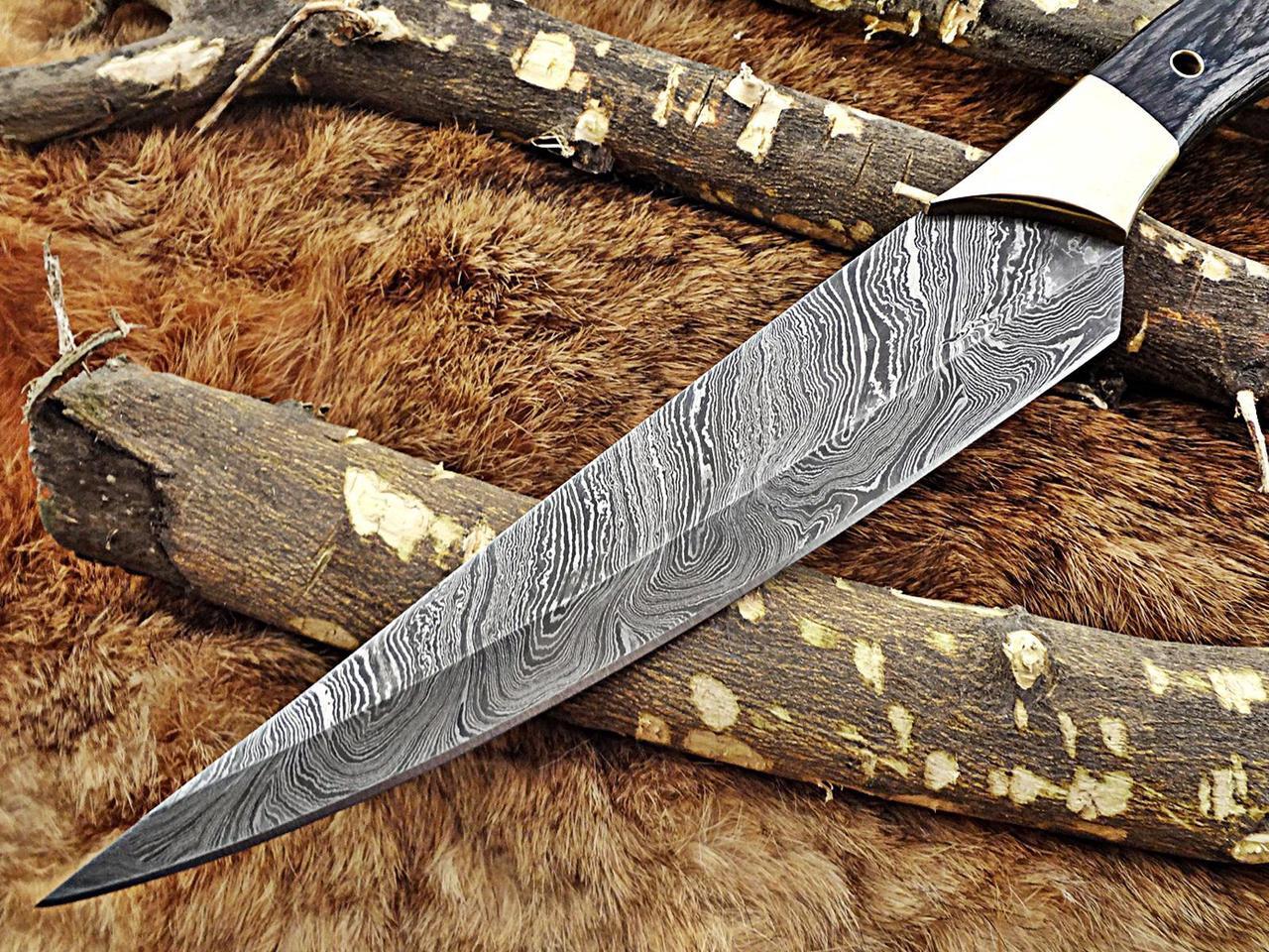 Alt view image 2 of 6 - 13.5 Inches long custom made Damascus steel slicer kitchen chef Knife 8" full tang blade Black Dollar Wood scale with brass bolster