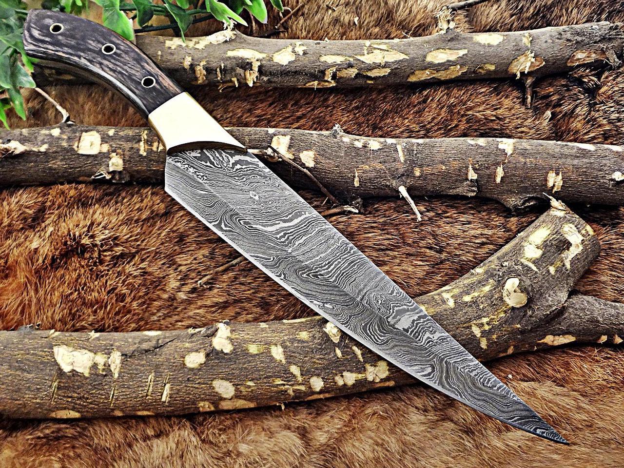 Main image of 13.5 Inches long custom made Damascus steel slicer kitchen chef Knife 8" full tang blade Black Dollar Wood scale with brass bolster