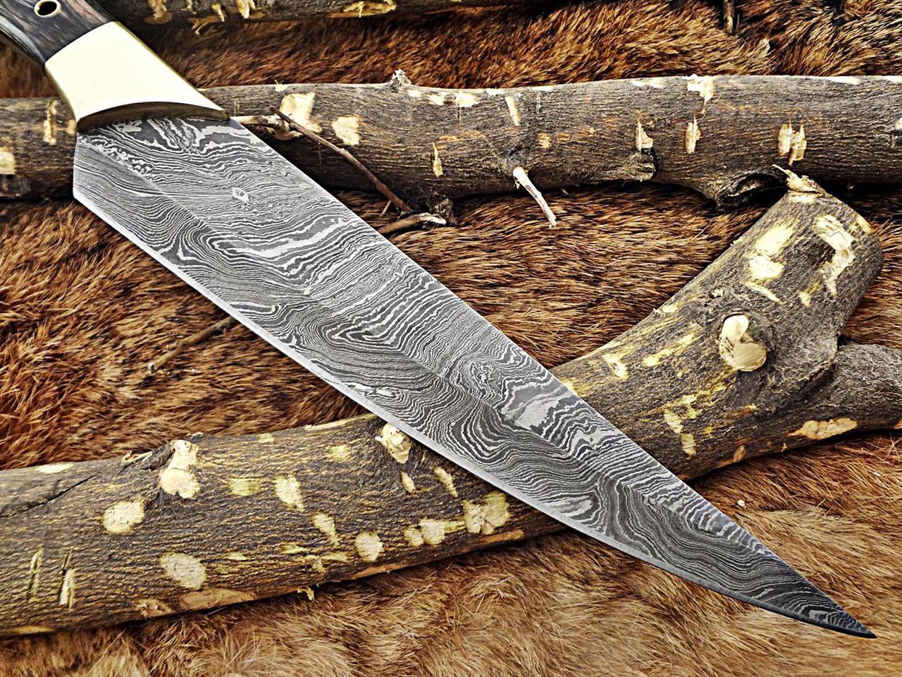 Alt view image 4 of 6 - 13.5 Inches long custom made Damascus steel slicer kitchen chef Knife 8" full tang blade Black Dollar Wood scale with brass bolster