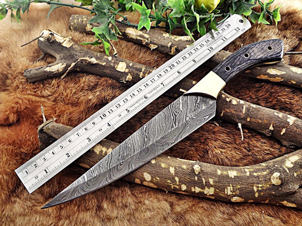 Alt view image 5 of 6 - 13.5 Inches long custom made Damascus steel slicer kitchen chef Knife 8" full tang blade Black Dollar Wood scale with brass bolster