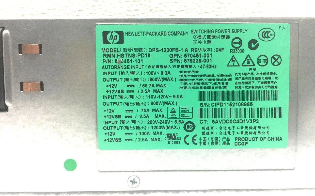 Alt view image 3 of 10 - HP DPS-1200FB-1 A 1200W Power Supply 579229-001 570451-101 570451-001