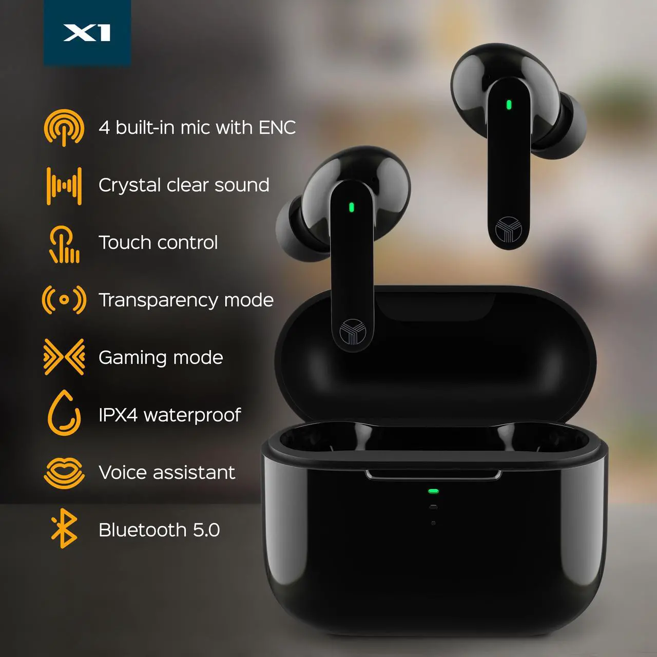 Alt view image 6 of 7 - TREBLAB X1 - True Wireless Earbuds, IPX4 Waterproof Bluetooth Earbuds with Touch Control, Voice Assistant, Transparency Mode, and Gaming Mode, Up to 24 Hour Playtime, Includes Charging Case, Black