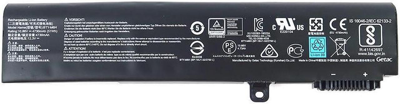 Main image of BTY-M6H Genuine MSI Raider GE63 10.86V 51WH 4730MAH 6-CELL LI-ION Battery S9N746H270 Laptop Batteries