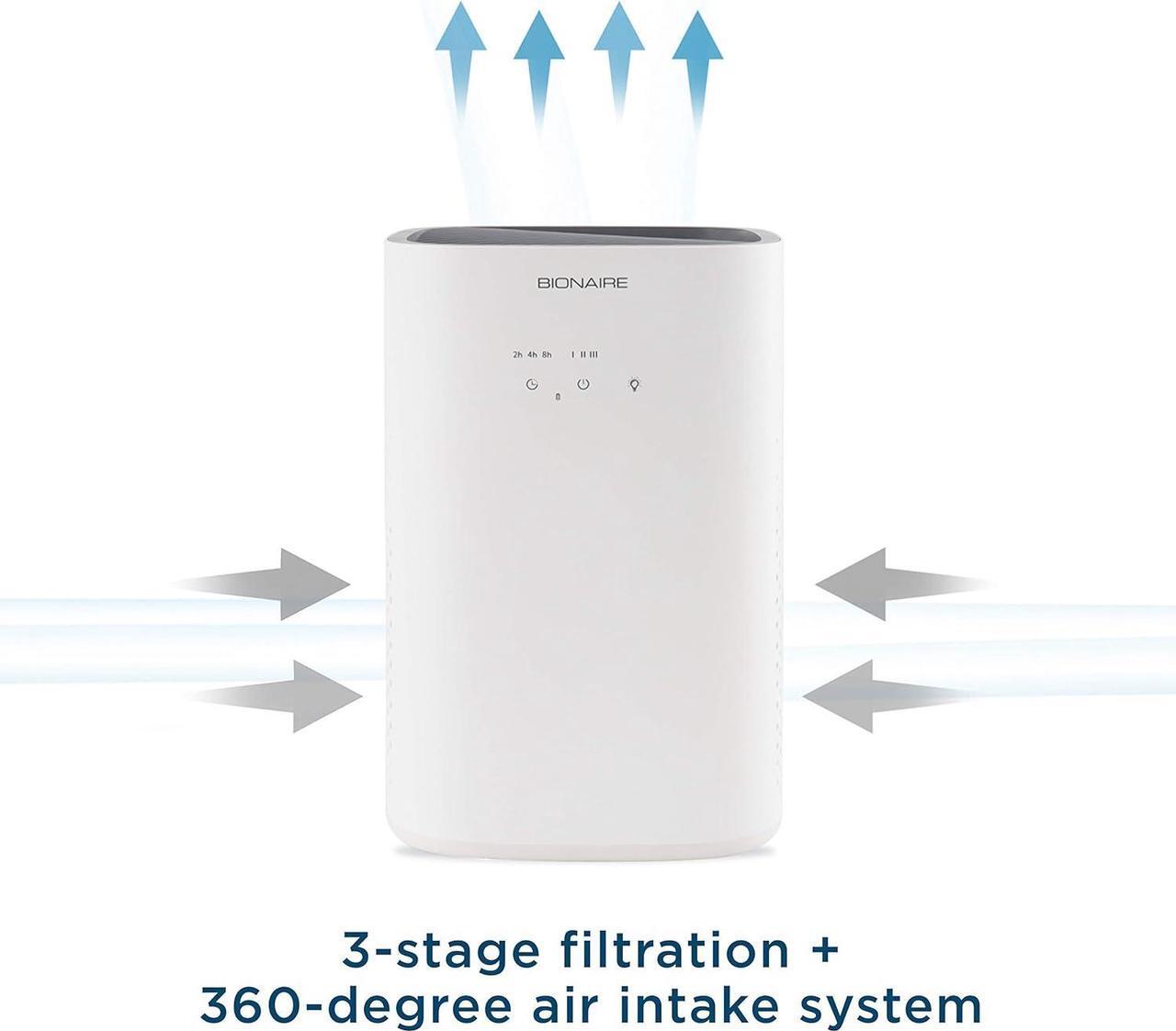 Main image of Bionaire True HEPA 360° Air Purifier for Medium Rooms, Air Filter for Allergens, Pets, and Dust with Quiet Setting and Night Light, 3 Speeds, White